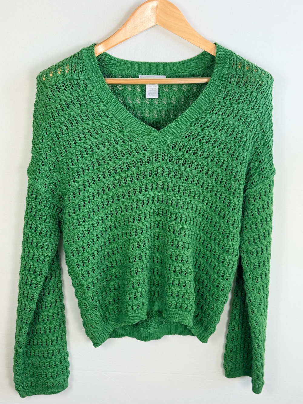 Open Knit Crochet Sweater Green V Neck Lightweight Boho Size Medium